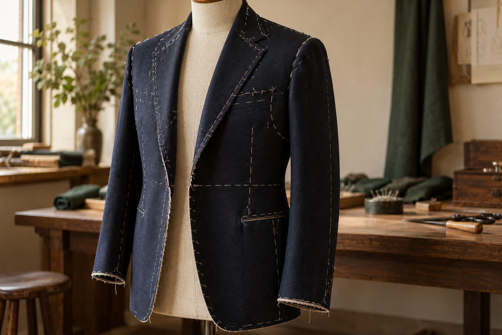 Illustration of a trial jacket with temporary basting stitches