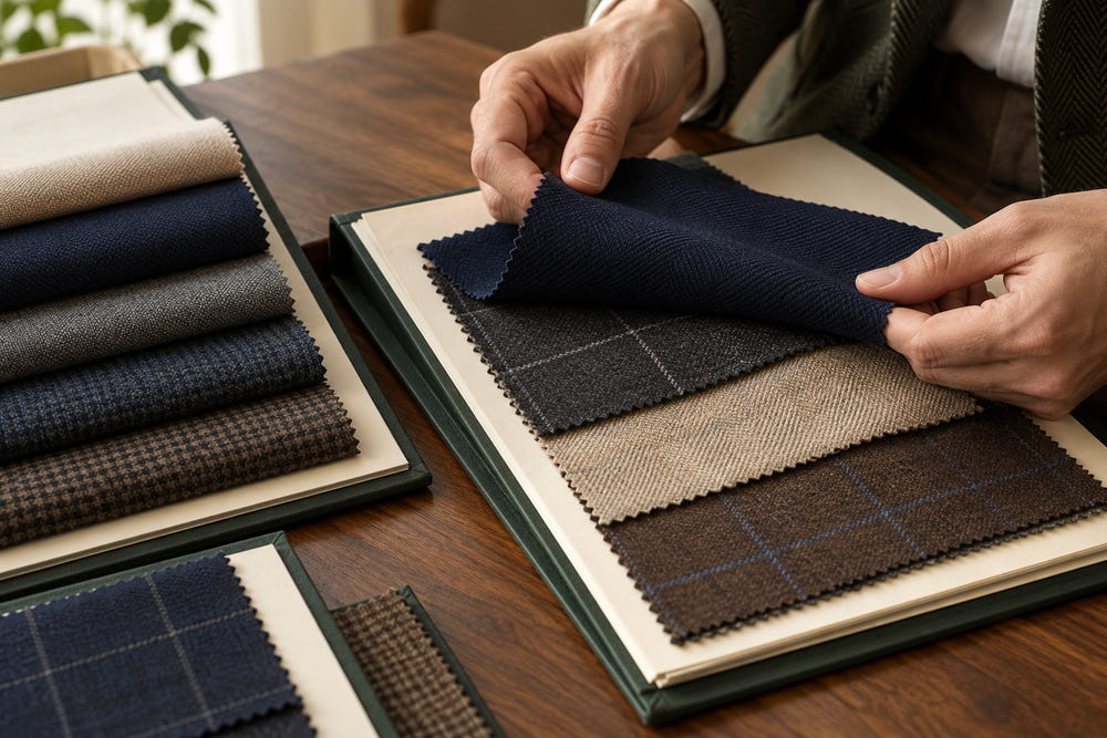 Illustration of selecting wool cloth from tailoring books
