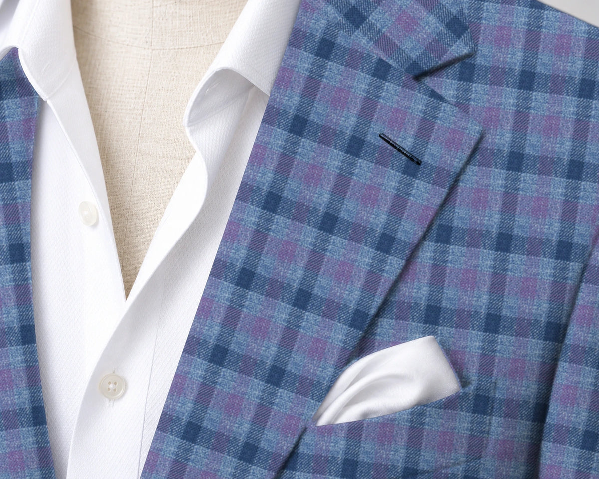 Light Blue Check Sport Jacket — Gladson 265727 — J-C1 — lapel and fabric closeup