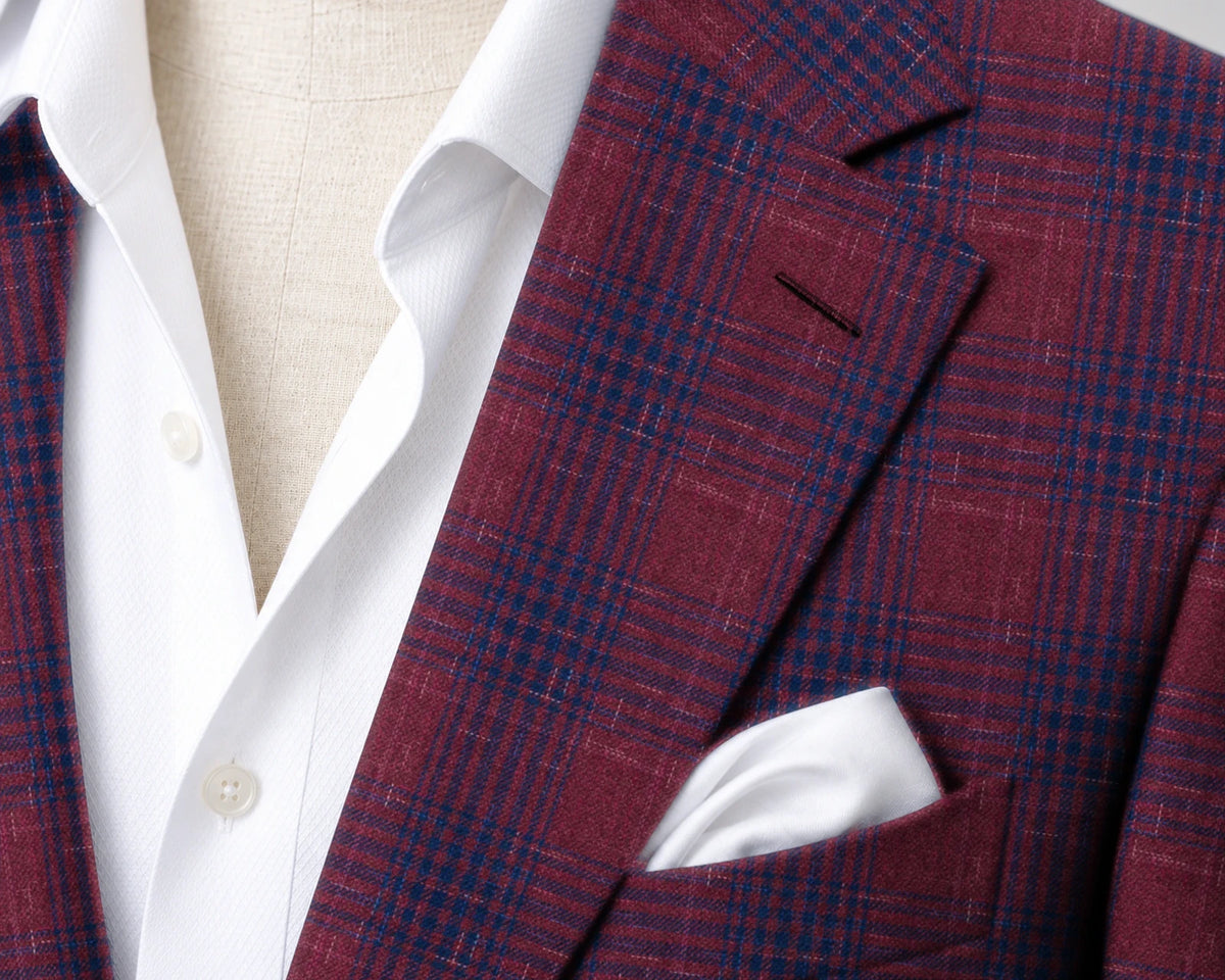 Burgundy Plaid Sport Jacket — Hesworth 824008 — J-C1 — lapel and fabric closeup