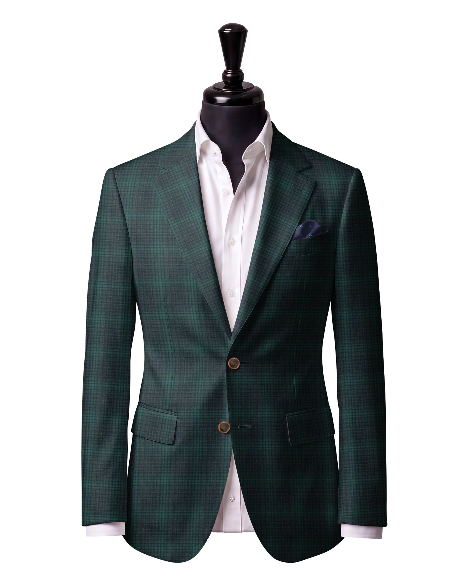 Teal green check Sport Jacket — J1 — Two-button notch lapel. Straight flap pockets.