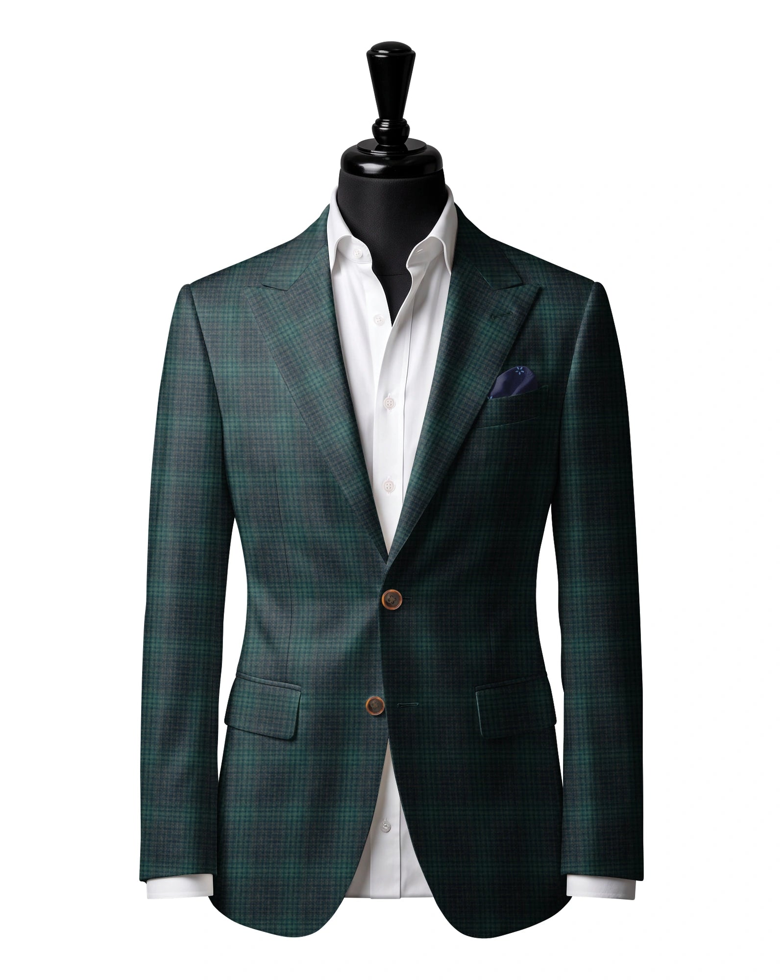 Teal green check Sport Jacket — J2 — Two-button peak lapel. Straight flap pockets.