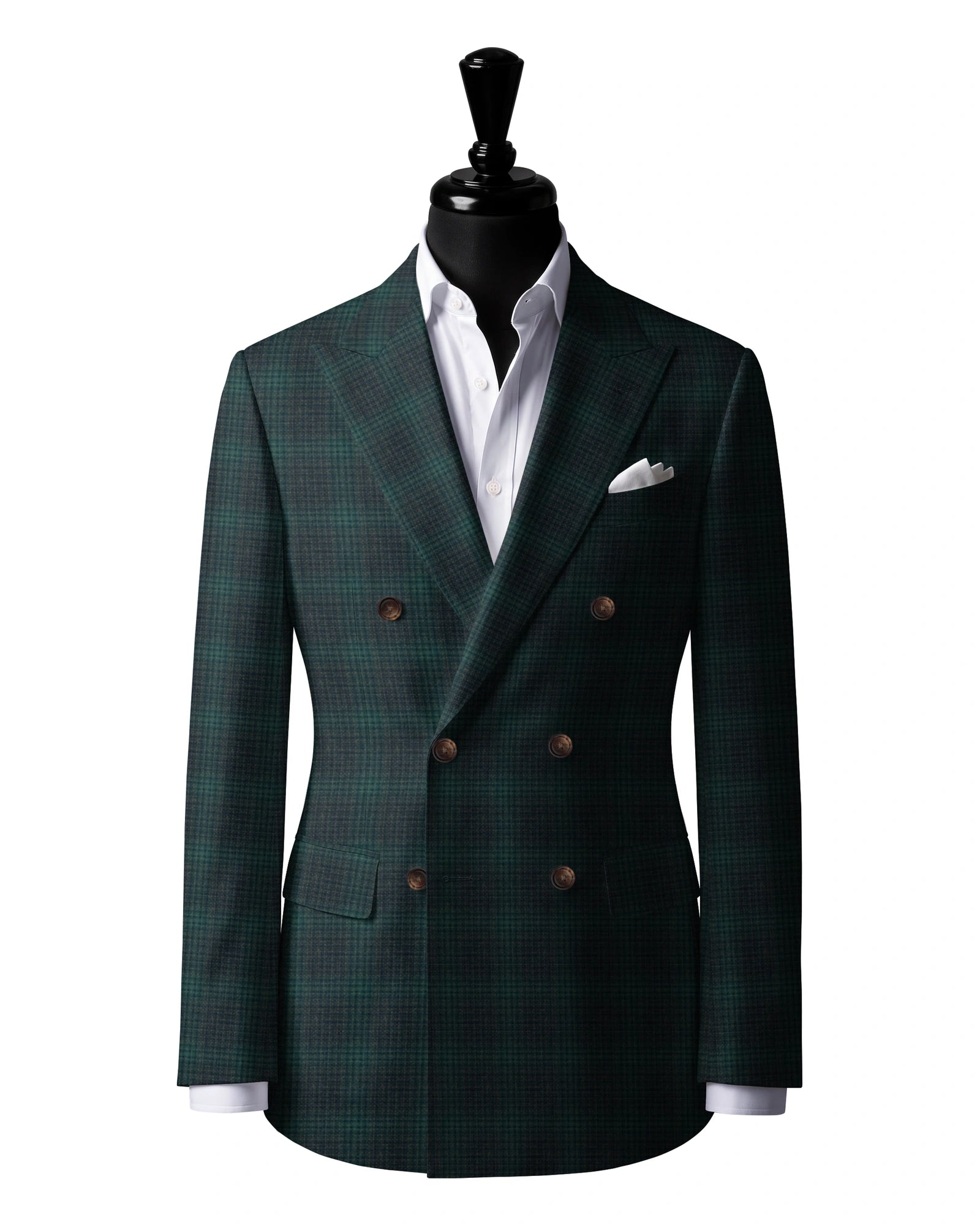 Teal green check Sport Jacket — J3 — 6×2 double breasted. Peak lapels. Six buttons, with two fastening.