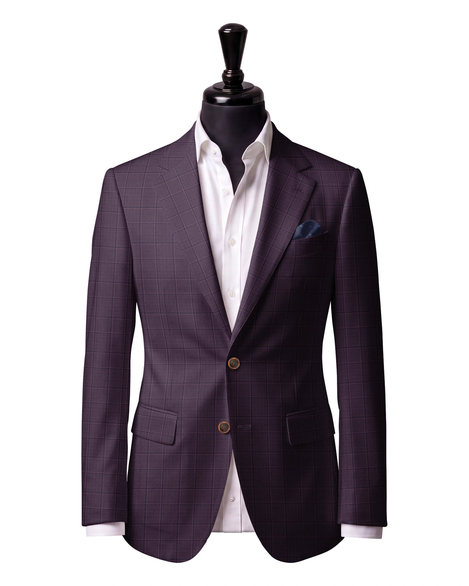 Plum geometric check Sport Jacket — J1 — Two-button notch lapel. Straight flap pockets.