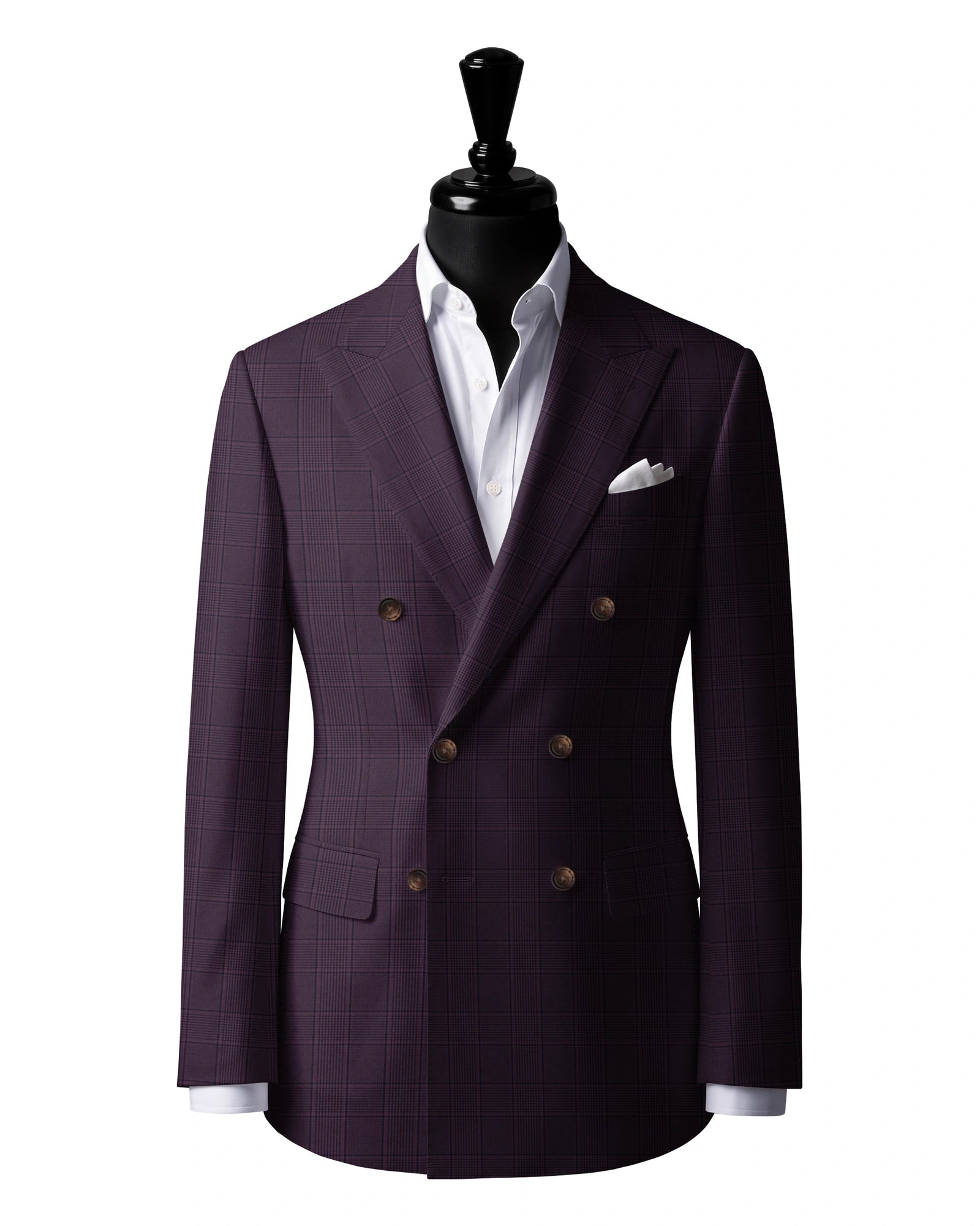 Plum geometric check Sport Jacket — J3 — 6×2 double breasted. Peak lapels. Six buttons, with two fastening.