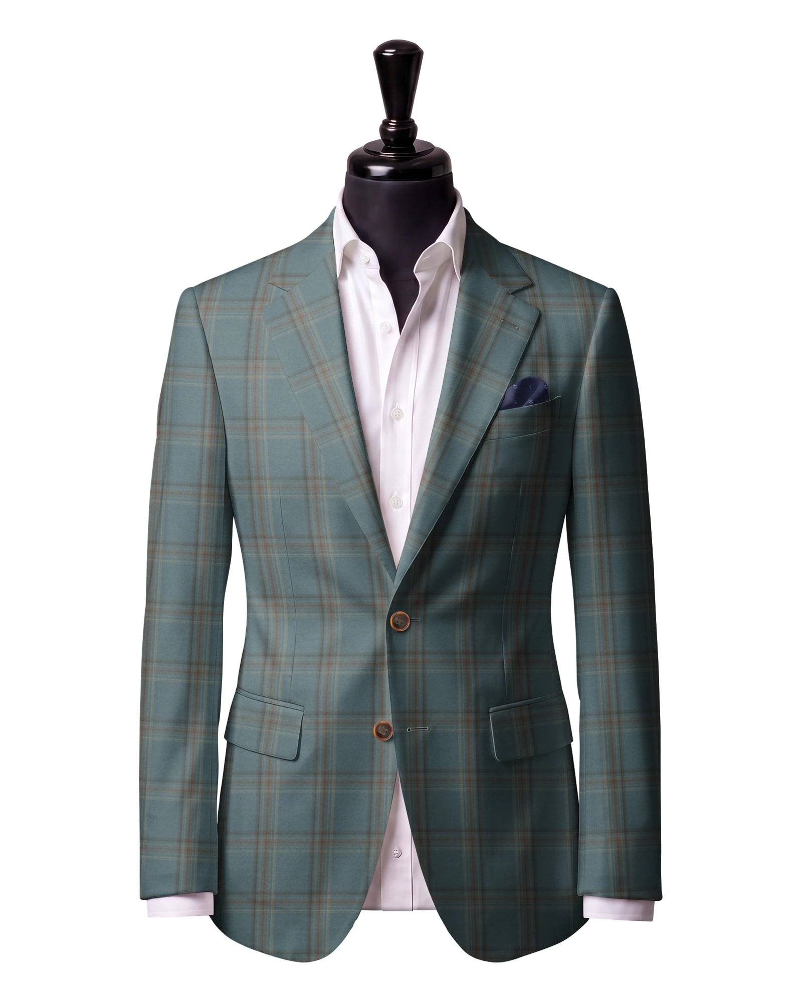 Soft green multicolor check Sport Jacket — J1 — Two-button notch lapel. Straight flap pockets.