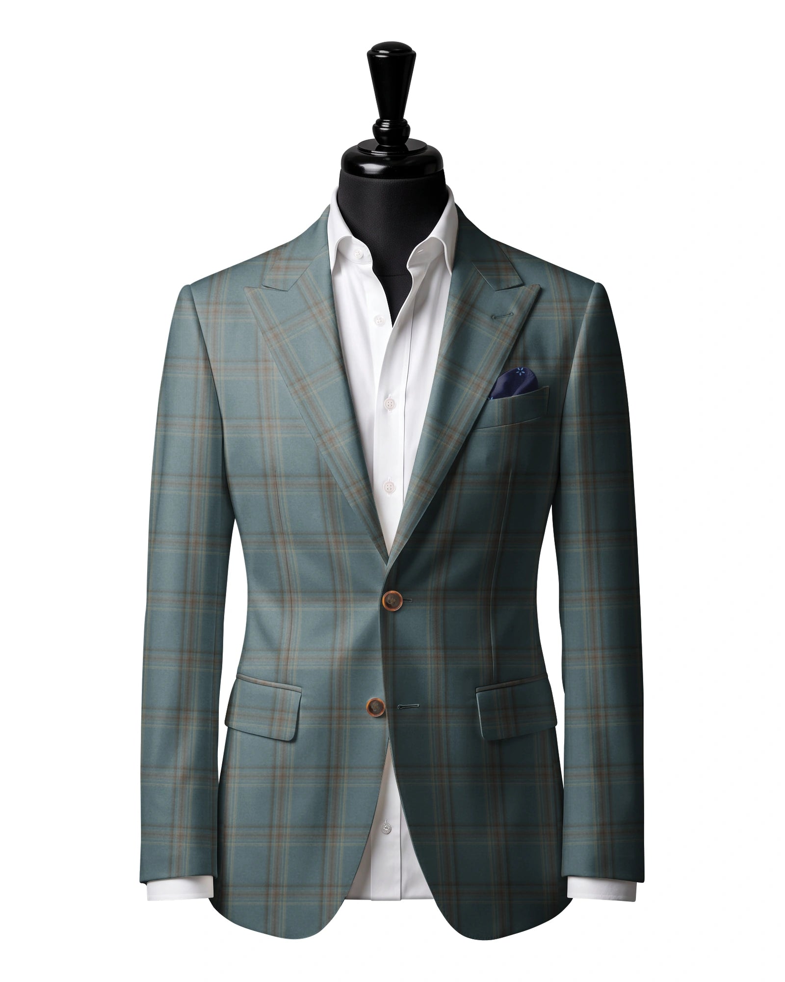Soft green multicolor check Sport Jacket — J2 — Two-button peak lapel. Straight flap pockets.