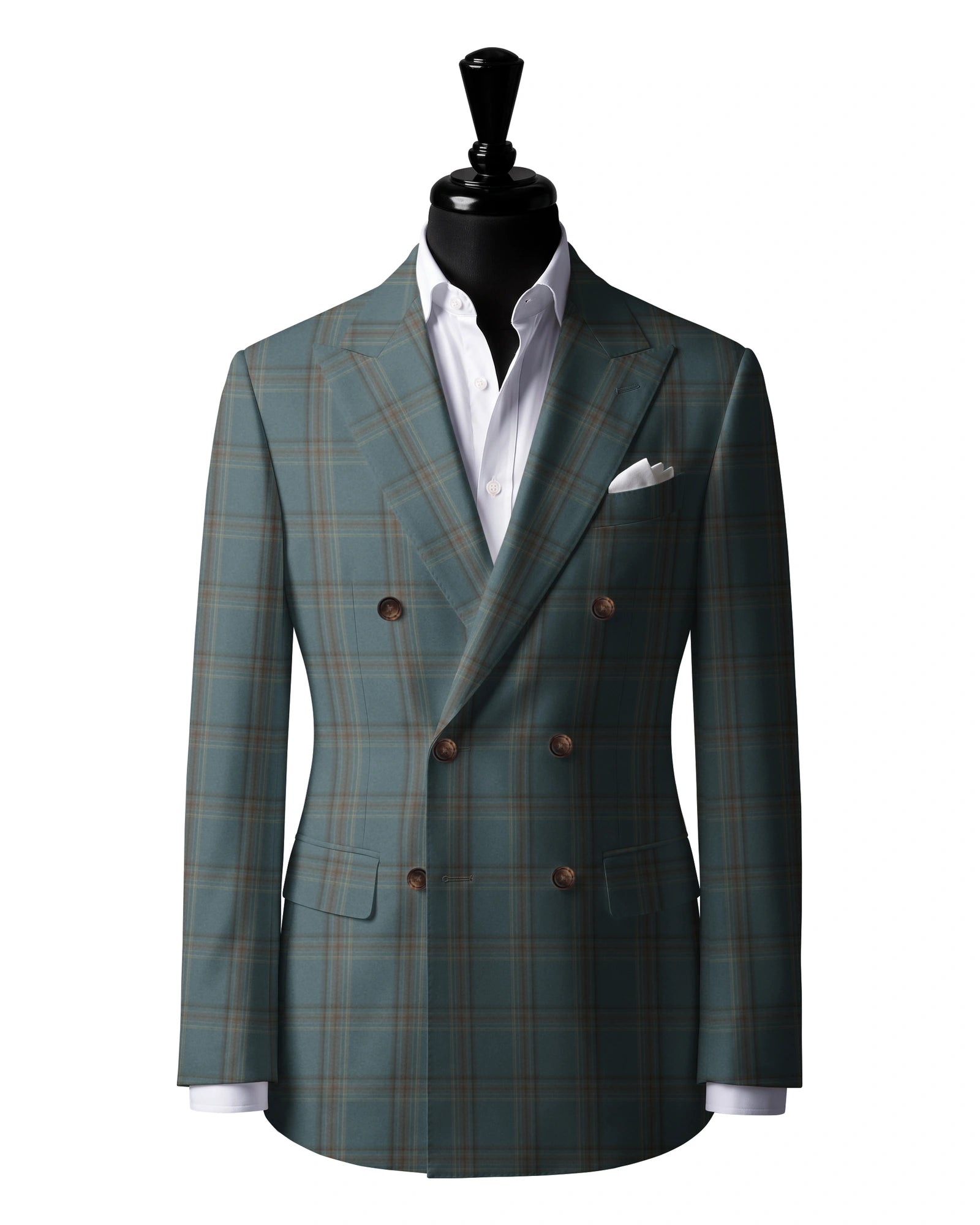 Soft green multicolor check Sport Jacket — J3 — 6×2 double breasted. Peak lapels. Six buttons, with two fastening.
