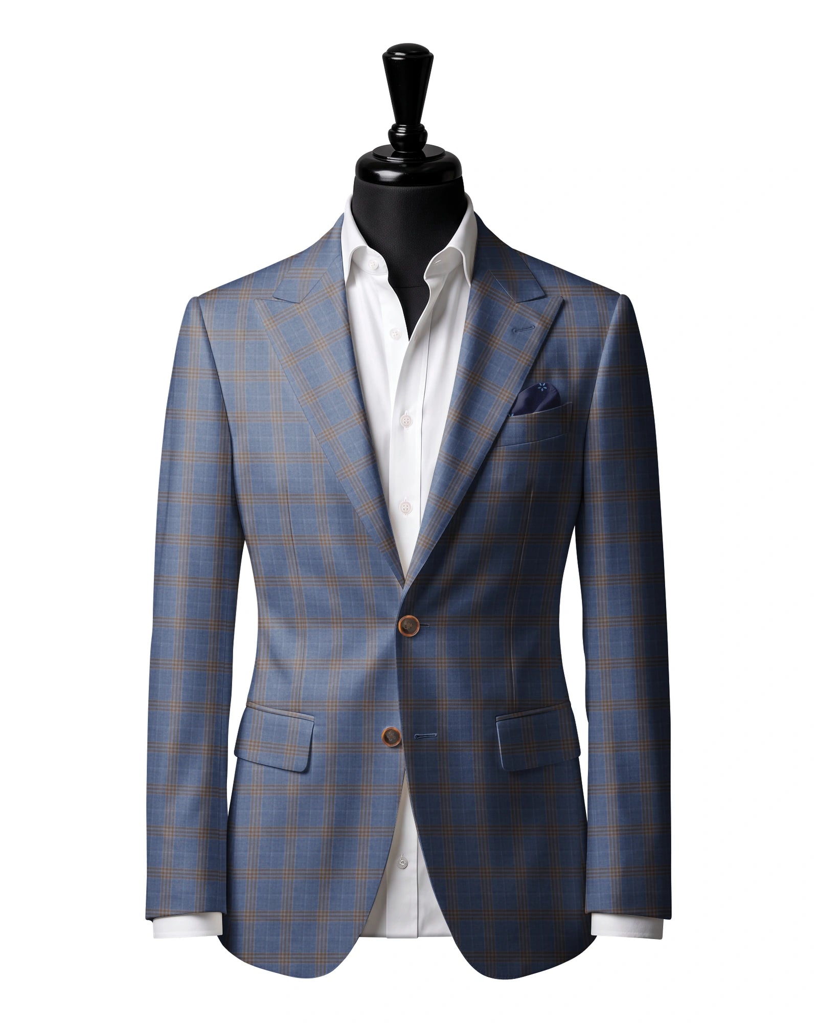 Blue with ochre check Sport Jacket — J2 — Two-button peak lapel. Straight flap pockets.