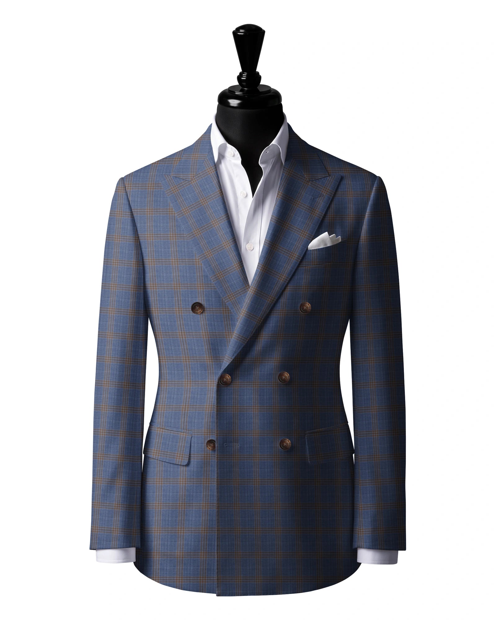 Blue with ochre check Sport Jacket — J3 — 6×2 double breasted. Peak lapels. Six buttons, with two fastening.