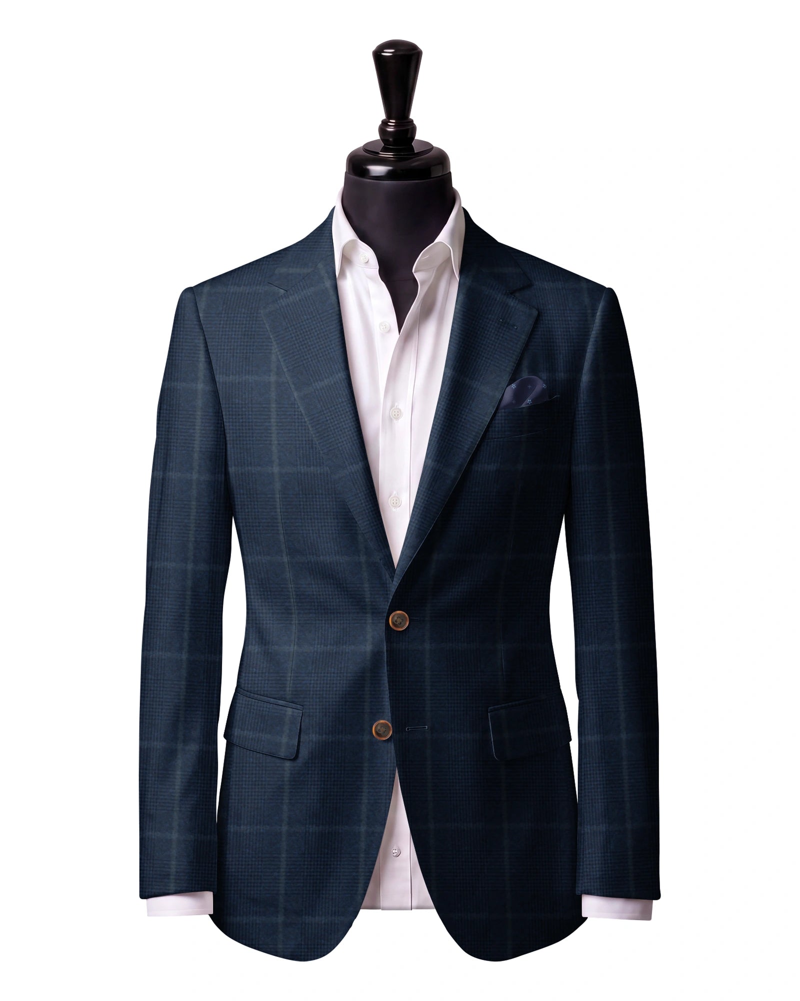 Navy windowpane Sport Jacket — J1 — Two-button notch lapel. Straight flap pockets.
