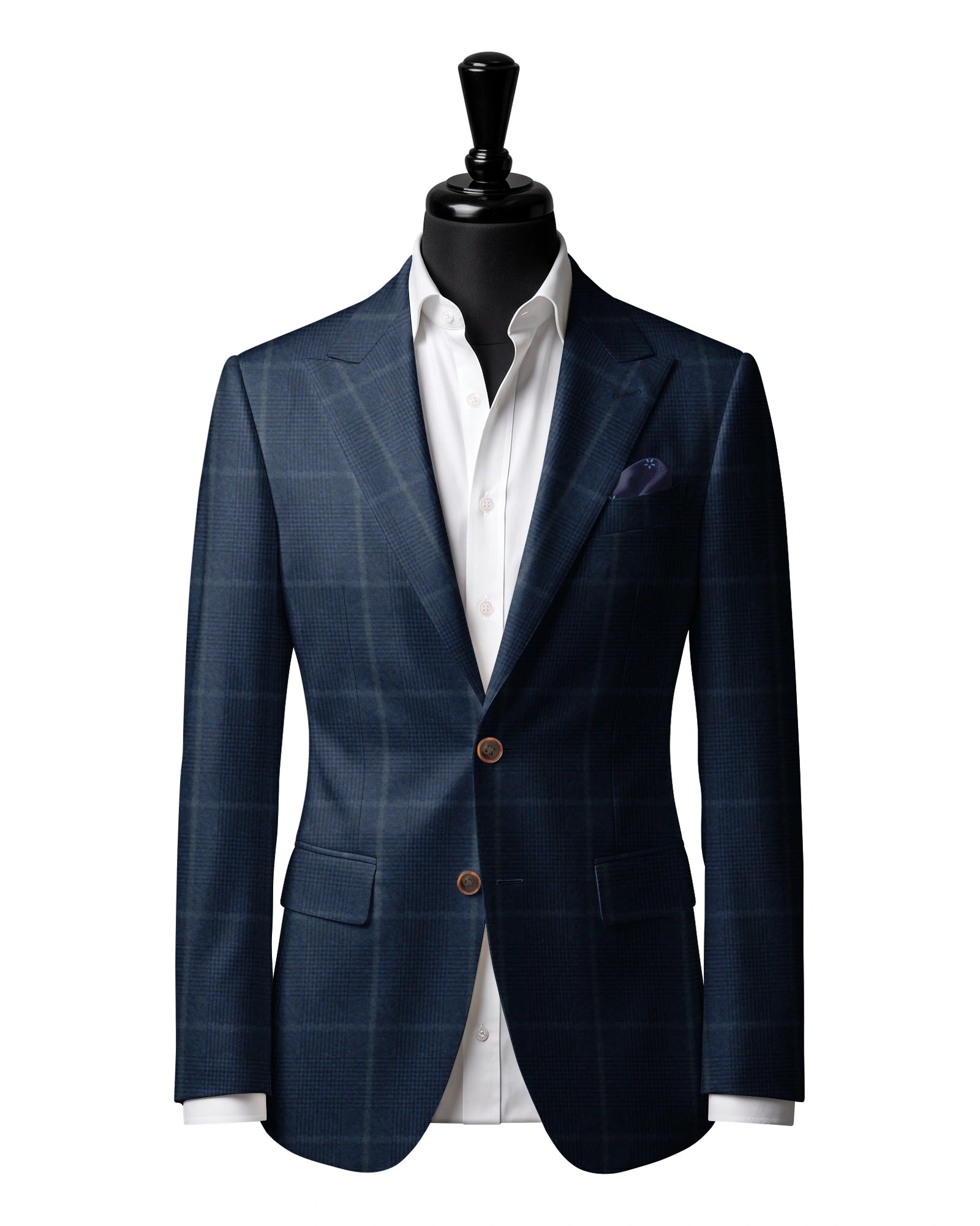 Navy windowpane Sport Jacket — J2 — Two-button peak lapel. Straight flap pockets.