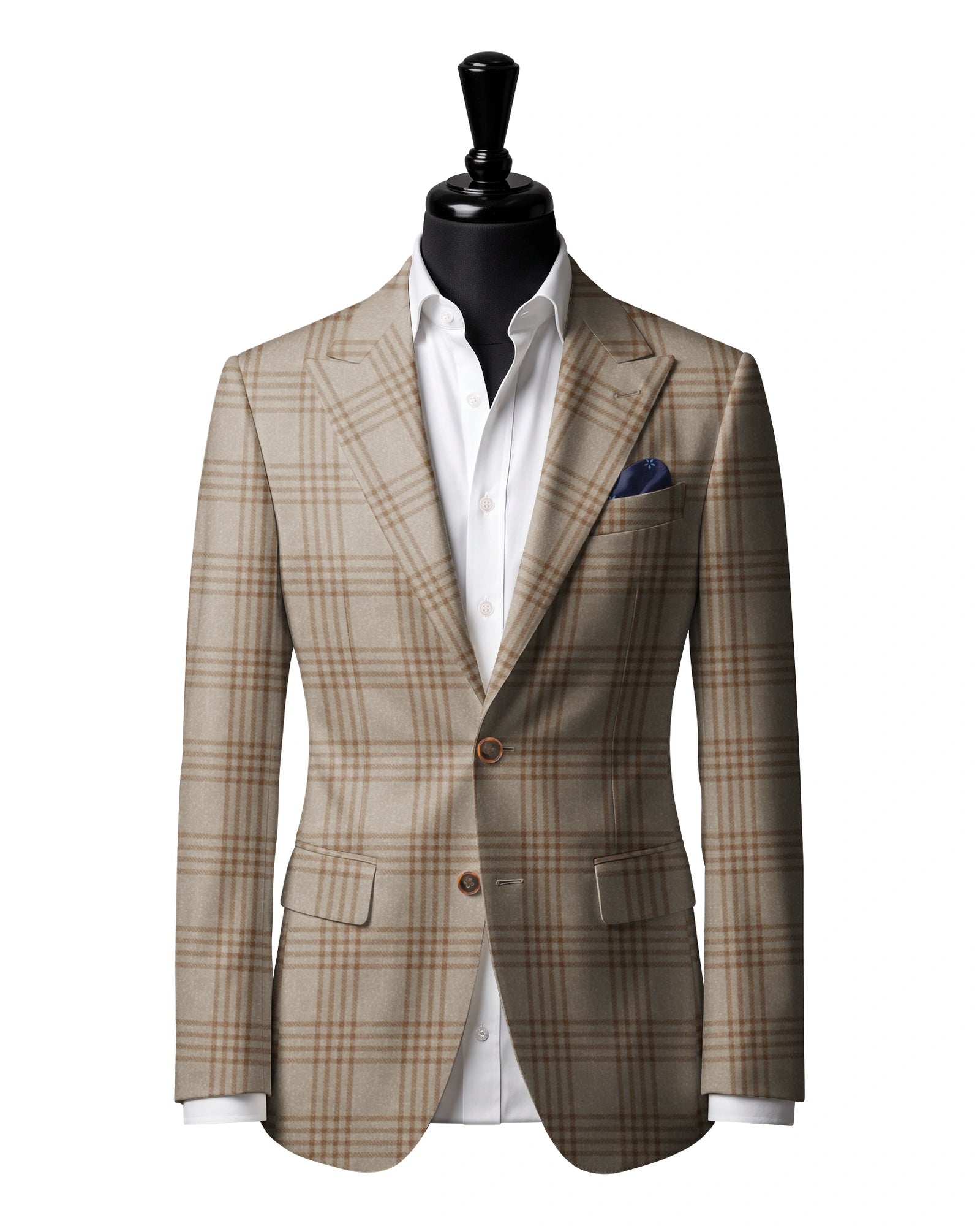 Cream with brown check Sport Jacket — J2 — Two-button peak lapel. Straight flap pockets.