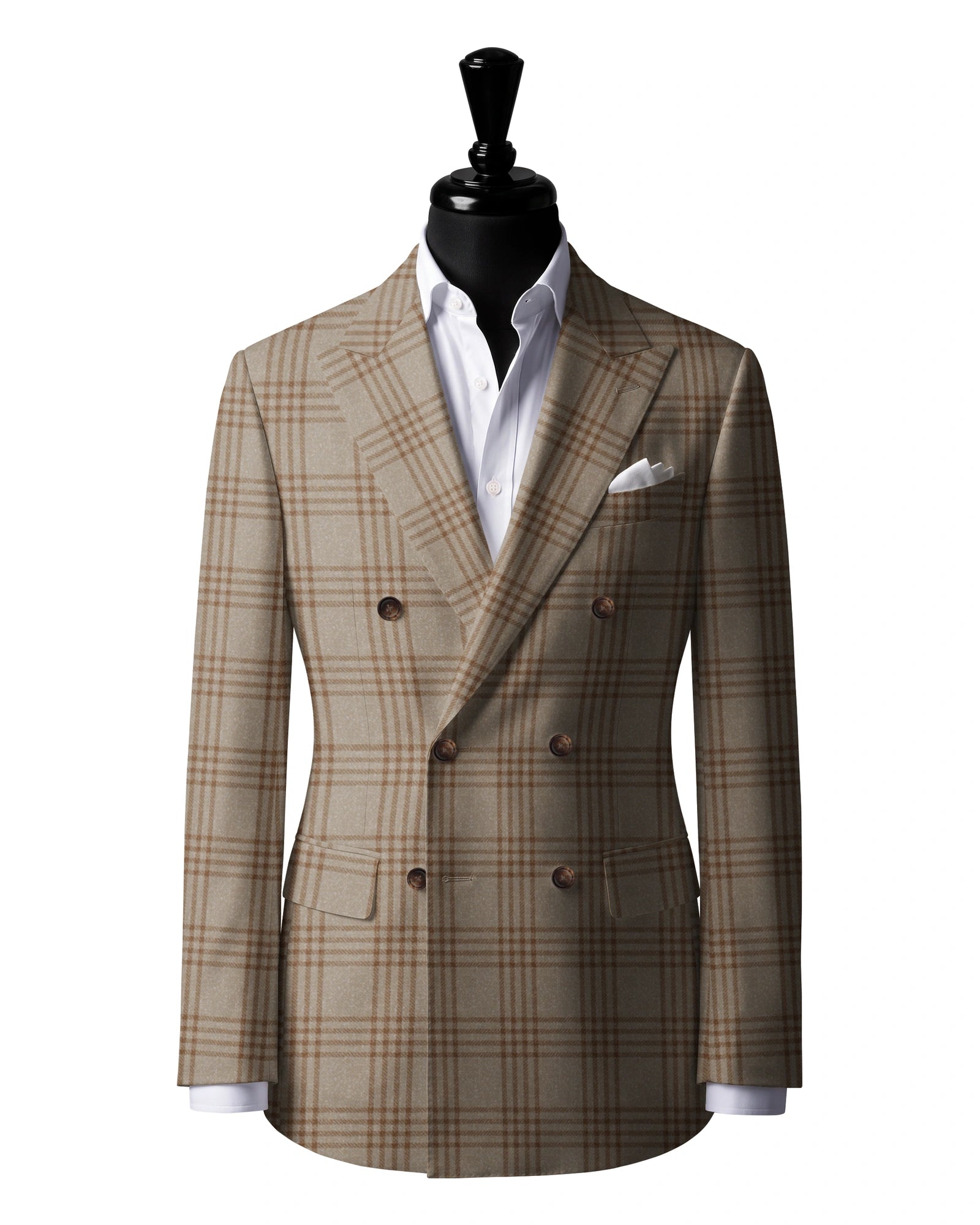 Cream with brown check Sport Jacket — J3 — 6×2 double breasted. Peak lapels. Six buttons, with two fastening.