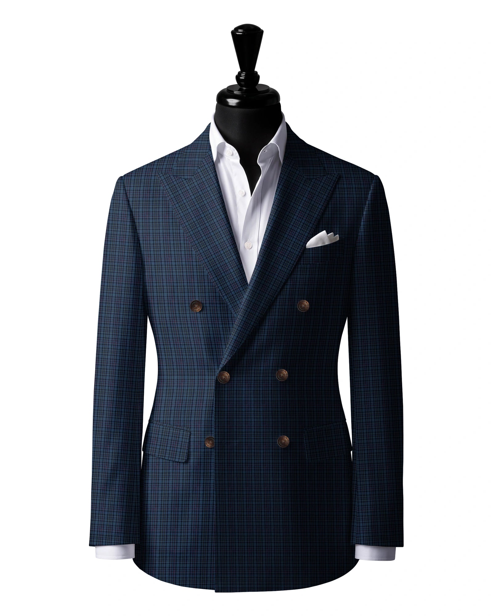 Cobalt Blue Check Sport Jacket — J3 — 6×2 double breasted. Peak lapels. Six buttons, with two fastening.