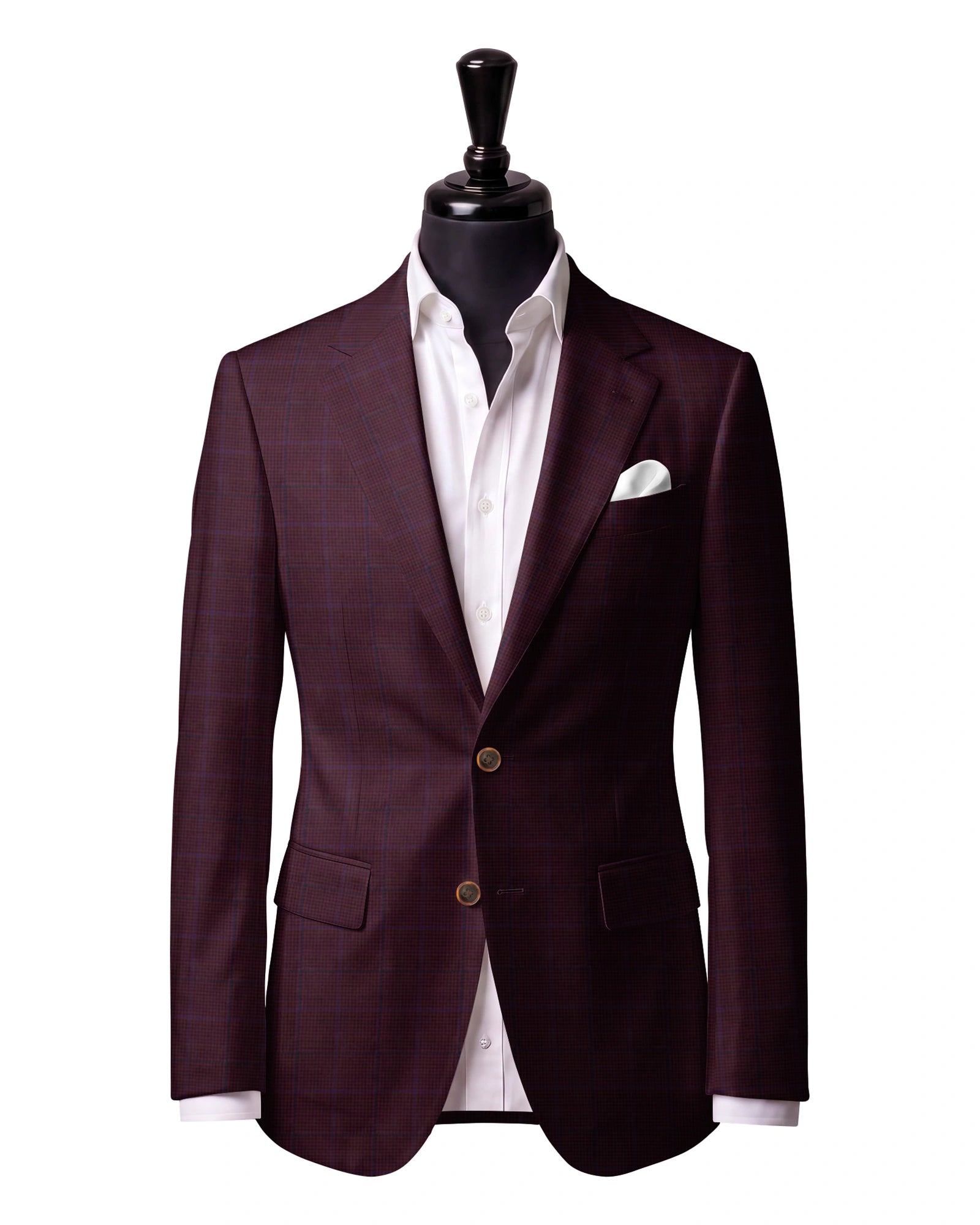 Burgundy & Blue Check Sport Jacket — J1 — Two-button notch lapel. Straight flap pockets.