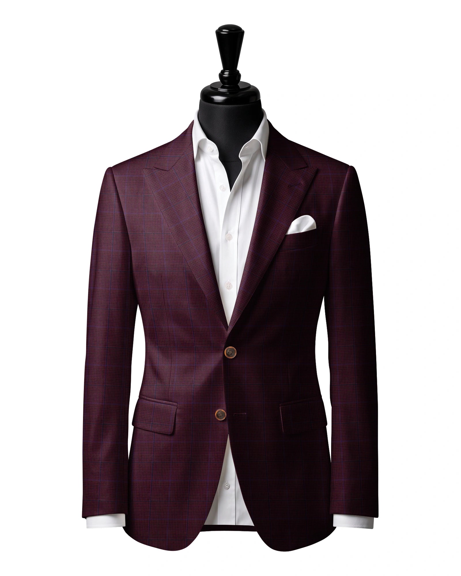 Burgundy & Blue Check Sport Jacket — J2 — Two-button peak lapel. Straight flap pockets.