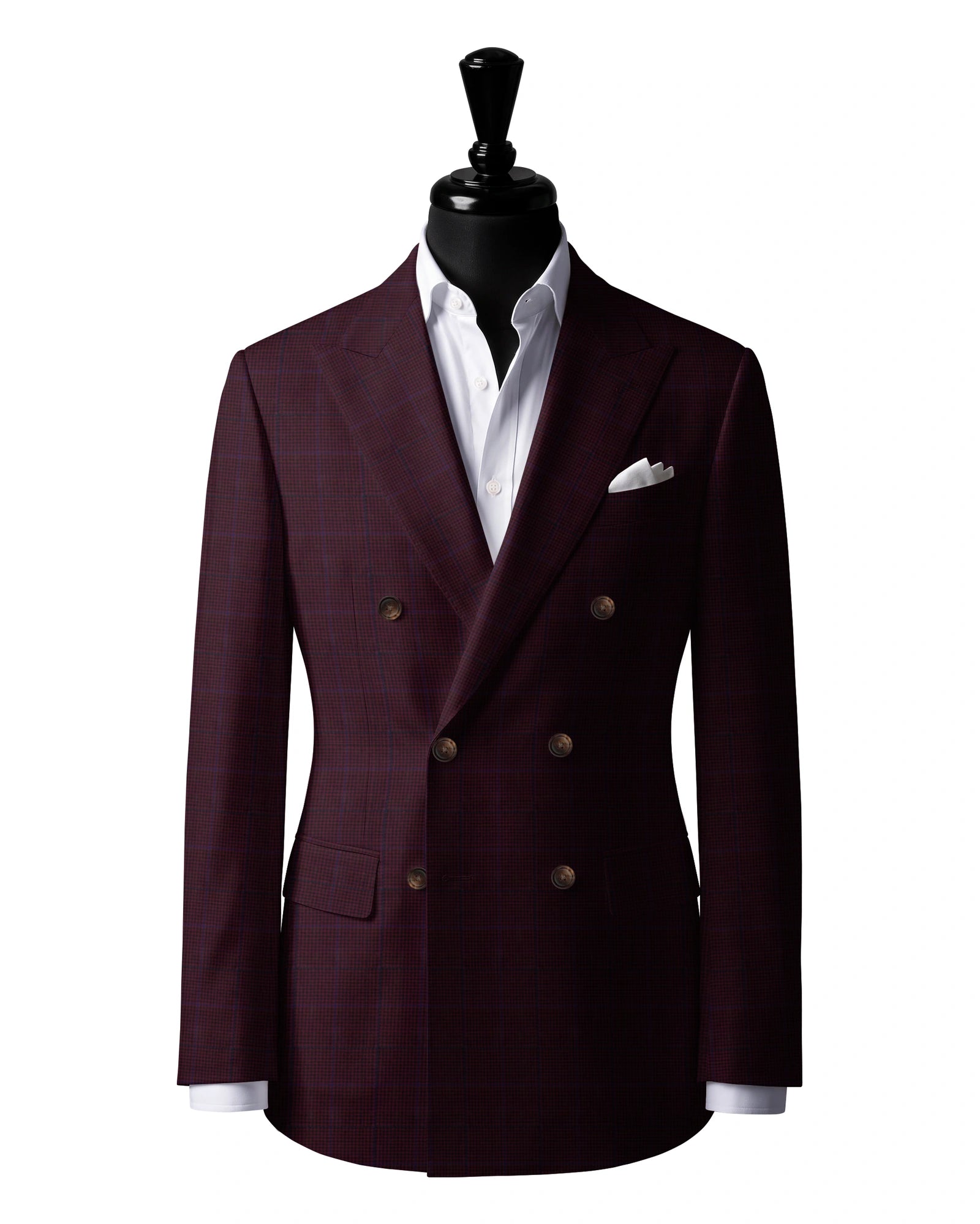 Burgundy & Blue Check Sport Jacket — J3 — 6×2 double breasted. Peak lapels. Six buttons, with two fastening.