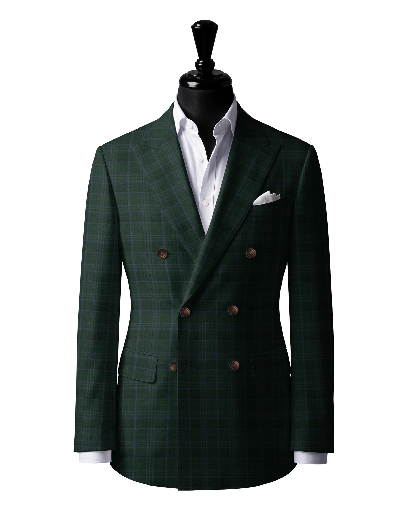 Green & Purple Check Sport Jacket — J3 — 6×2 double breasted. Peak lapels. Six buttons, with two fastening.