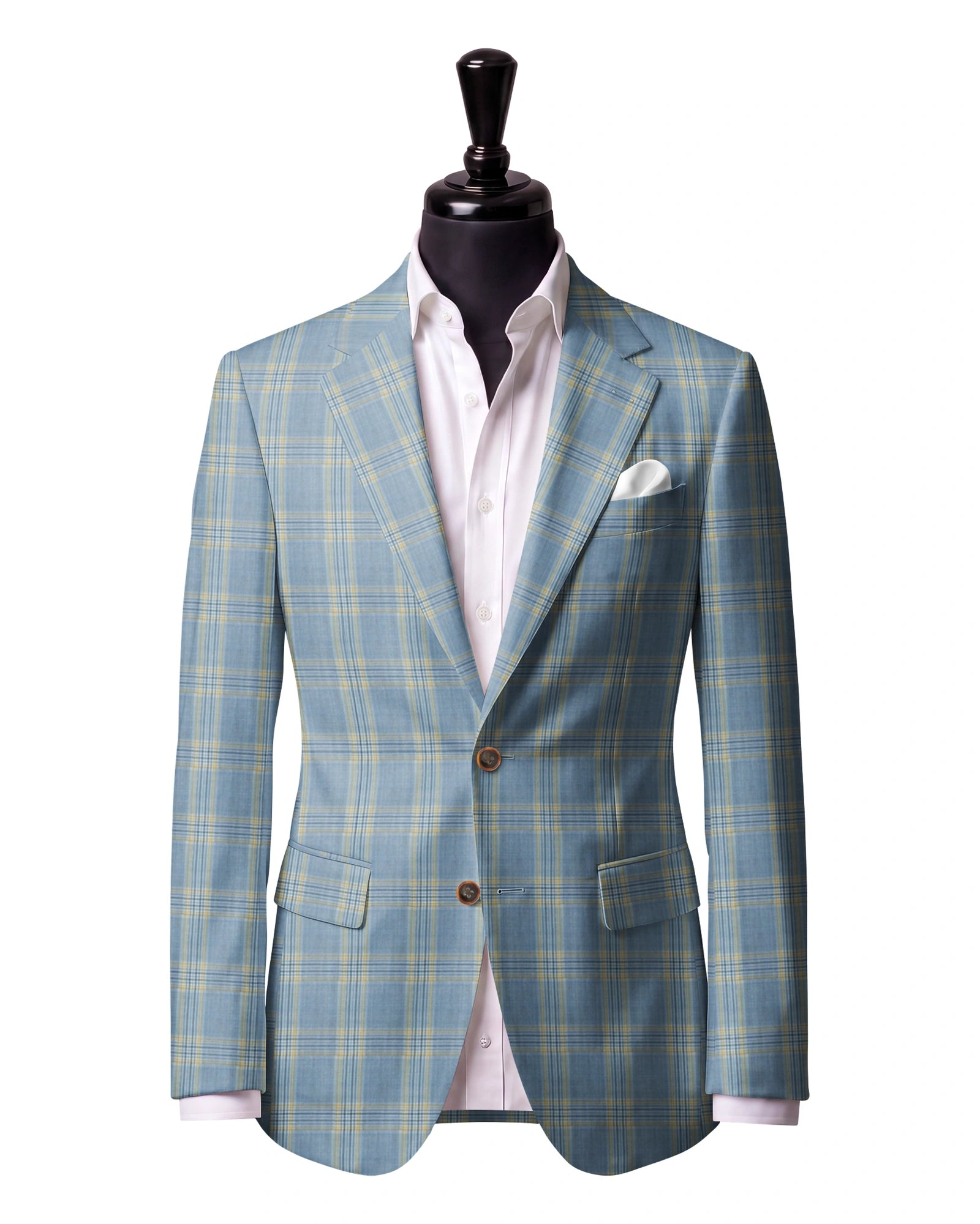 Light Blue & Yellow Check Sport Jacket — J1 — Two-button notch lapel. Straight flap pockets.