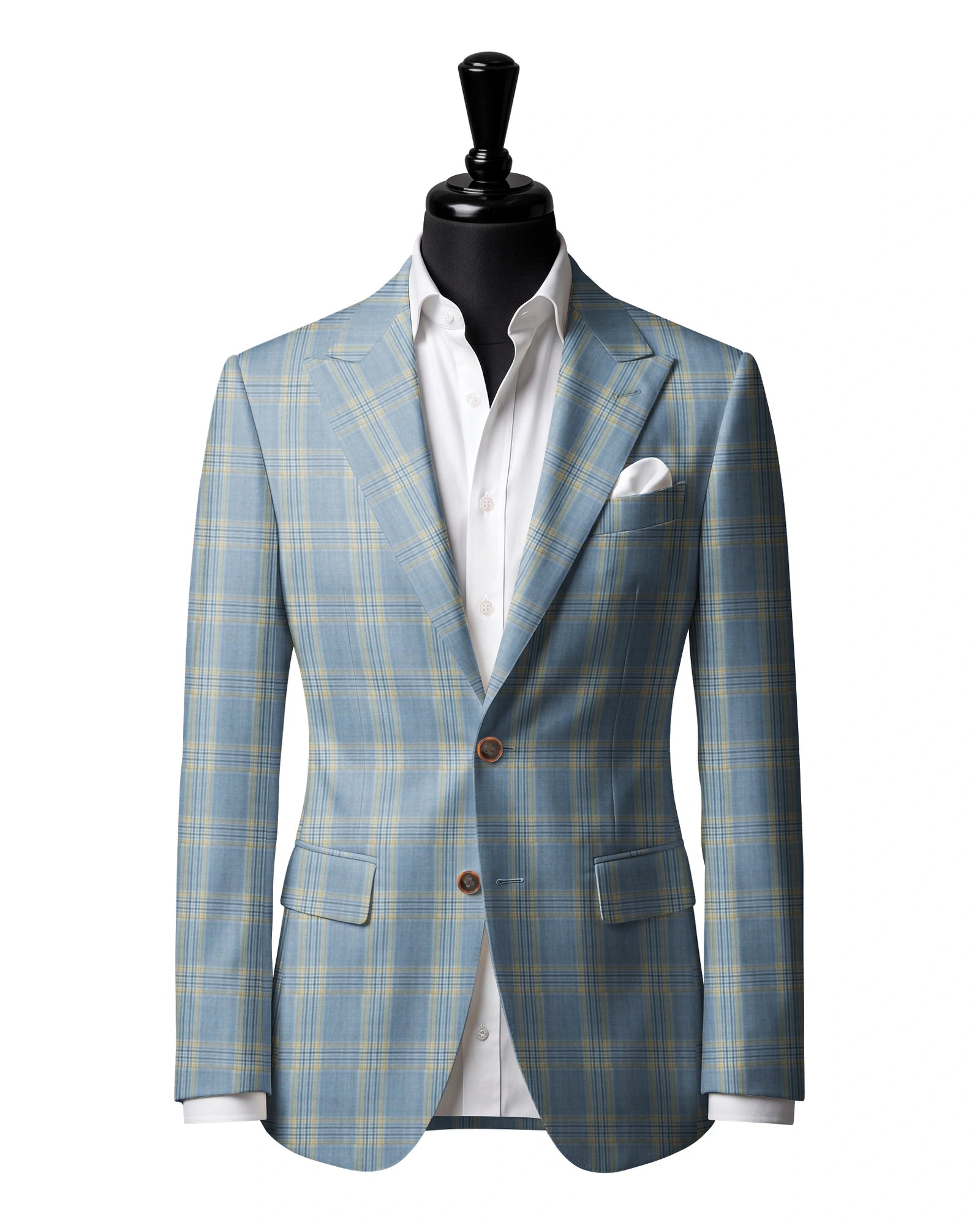 Light Blue & Yellow Check Sport Jacket — J2 — Two-button peak lapel. Straight flap pockets.