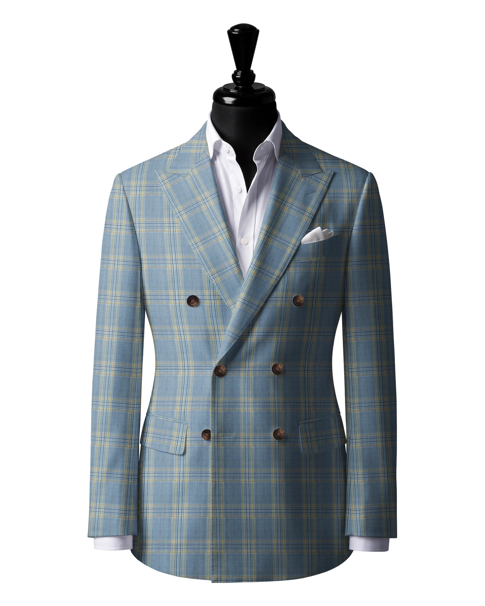 Light Blue & Yellow Check Sport Jacket — J3 — 6×2 double breasted. Peak lapels. Six buttons, with two fastening.