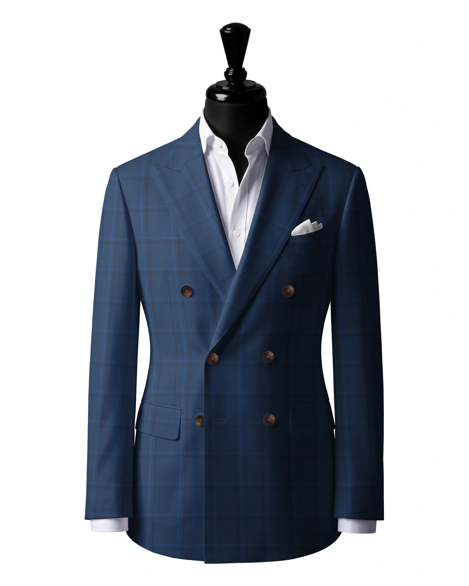 Cobalt Windowpane Sport Jacket — J3 — 6×2 double breasted. Peak lapels. Six buttons, with two fastening.