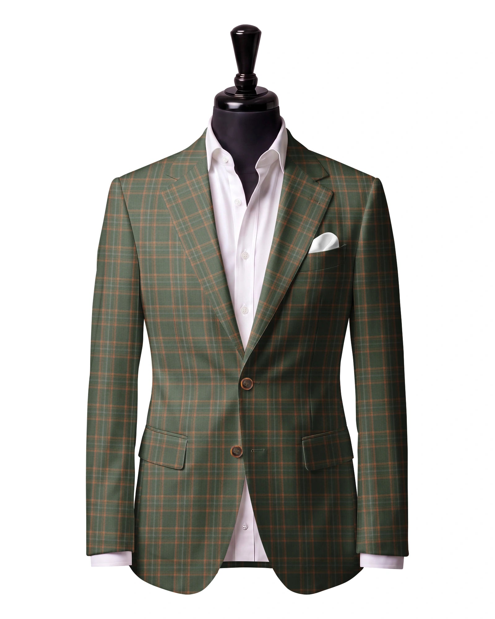 Light Green & Orange Check Sport Jacket — J1 — Two-button notch lapel. Straight flap pockets.