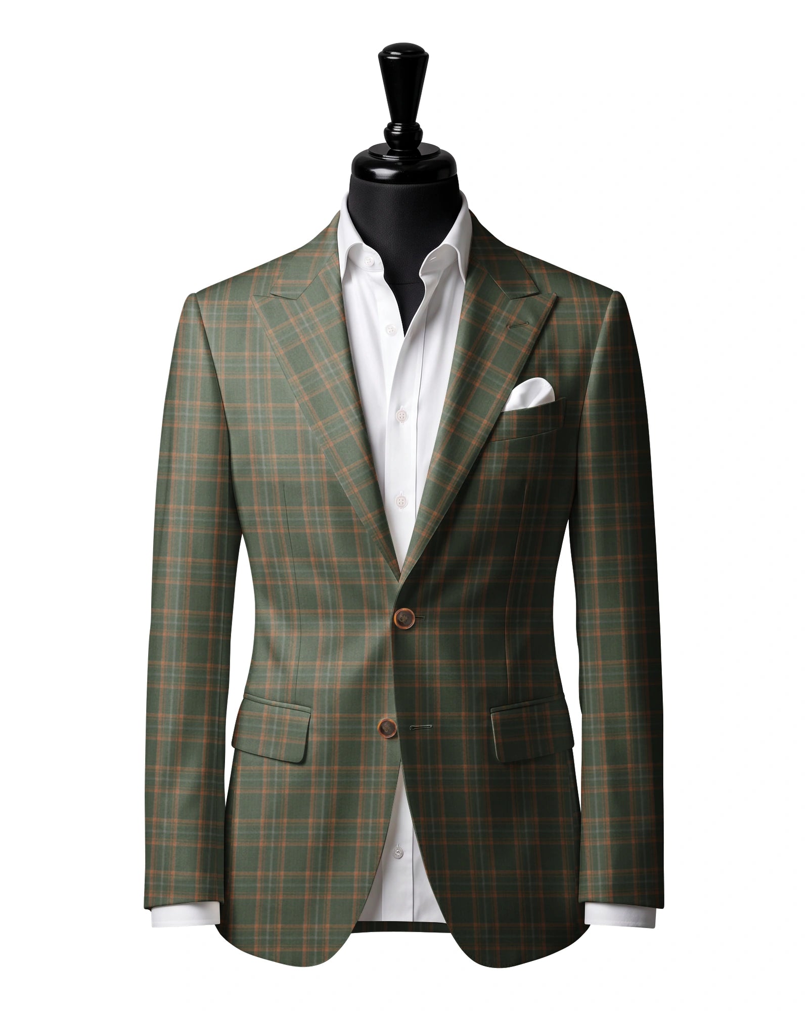 Light Green & Orange Check Sport Jacket — J2 — Two-button peak lapel. Straight flap pockets.