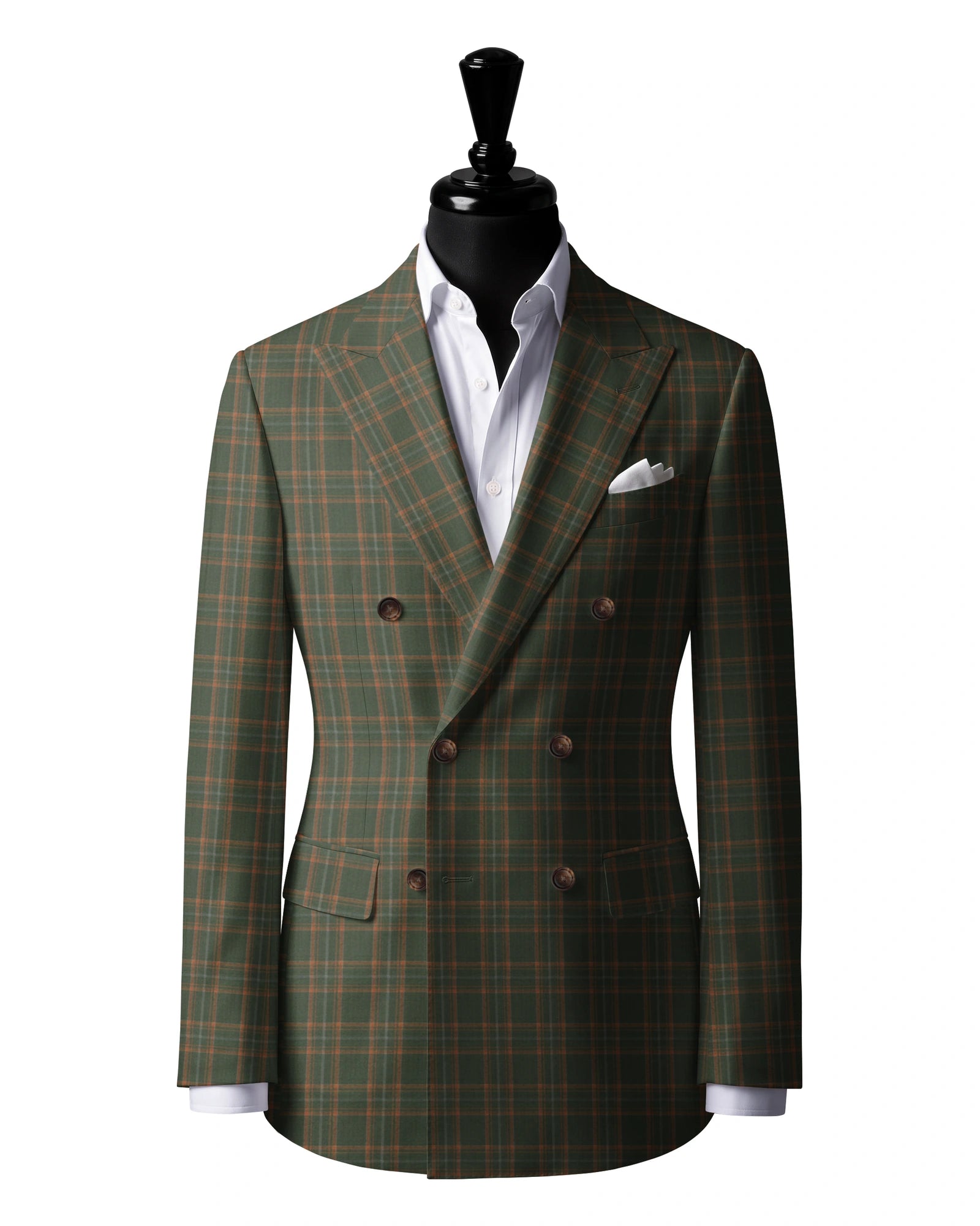 Light Green & Orange Check Sport Jacket — J3 — 6×2 double breasted. Peak lapels. Six buttons, with two fastening.