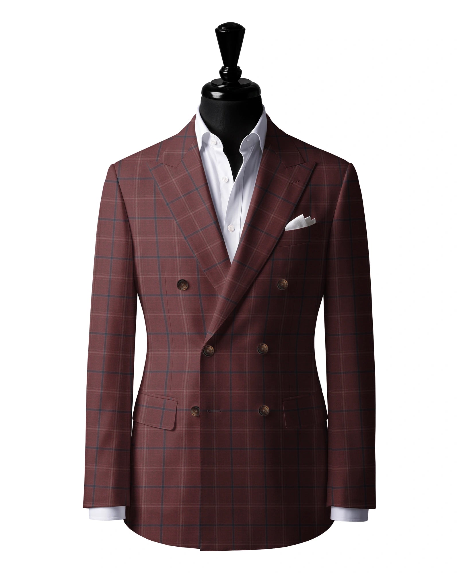 Rust & Blue Windowpane Sport Jacket — J3 — 6×2 double breasted. Peak lapels. Six buttons, with two fastening.