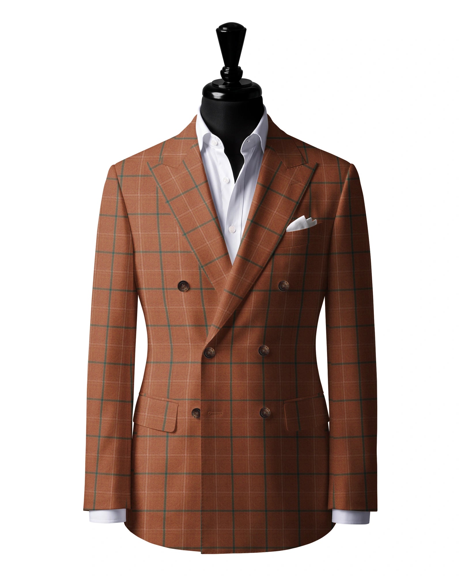 Orange & Green Windowpane Sport Jacket — J3 — 6×2 double breasted. Peak lapels. Six buttons, with two fastening.
