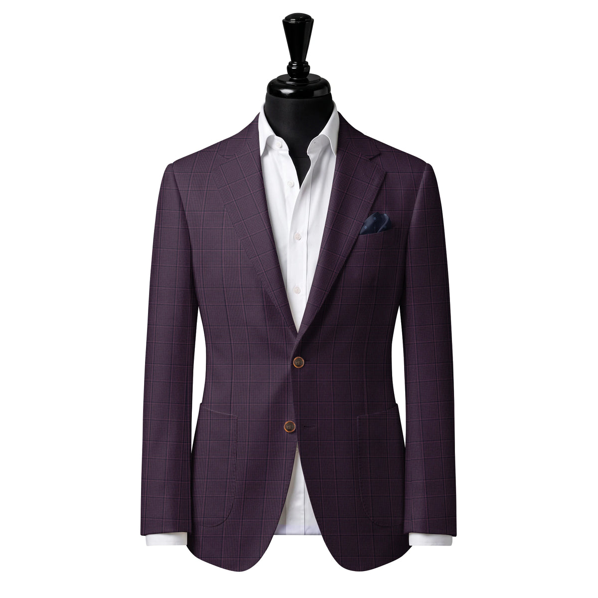 Plum geometric check Sport Jacket — J4 — Two-button notch lapel. Patch pockets. Our most popular sport jacket.