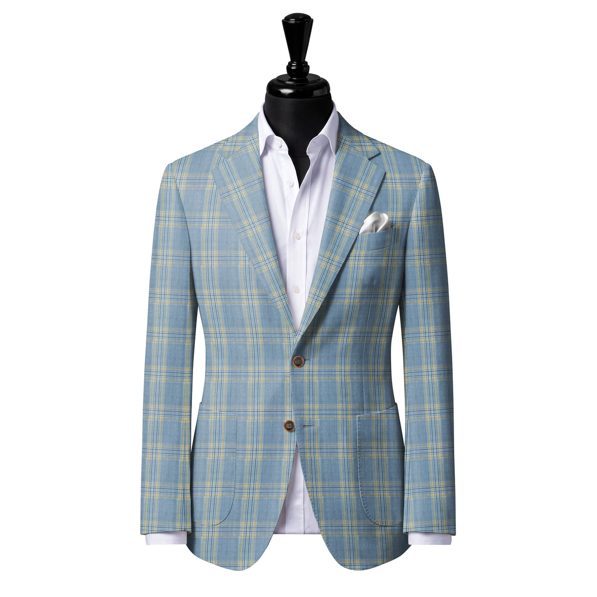 Light Blue & Yellow Check Sport Jacket — J4 — Two-button notch lapel. Patch pockets. Our most popular sport jacket.