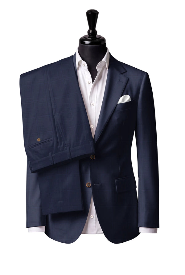 Two-button notch-lapel jacket with straight flap pockets. Trousers with belt loops.