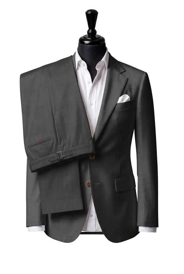 Two-button notch-lapel jacket with straight flap pockets. Trousers with side adjusters.