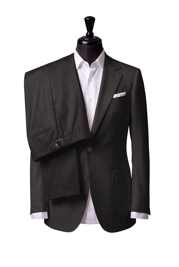 Two-button notch-lapel jacket with patch pockets. Trousers with side adjusters.