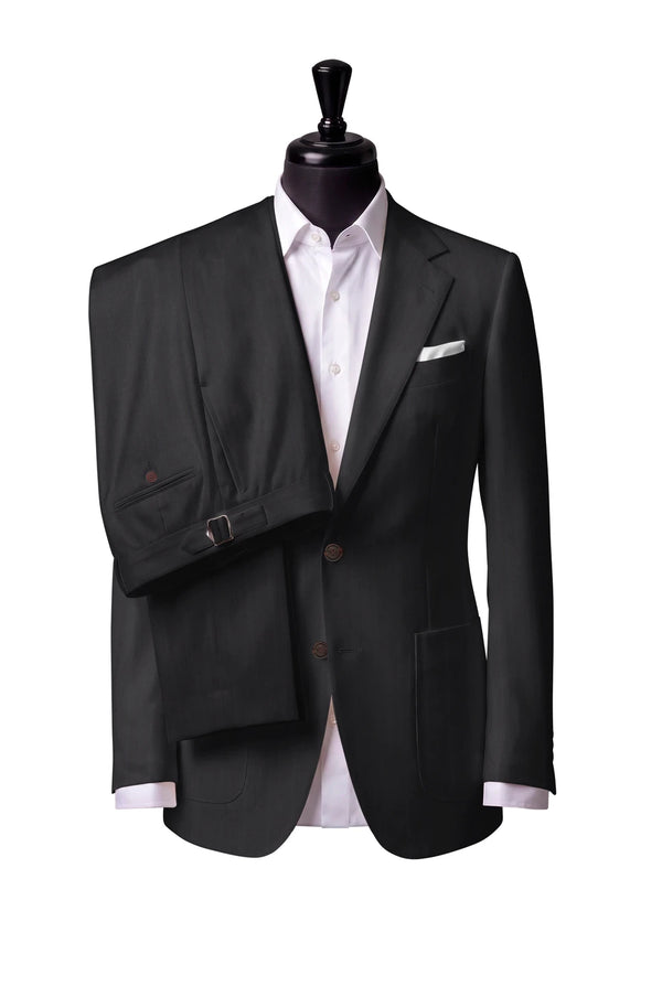 Two-button notch-lapel jacket with patch pockets. Trousers with side adjusters.