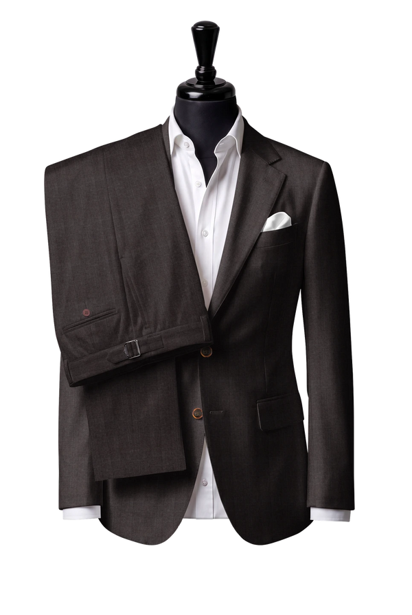 Two-button notch-lapel jacket with straight flap pockets. Trousers with side adjusters.