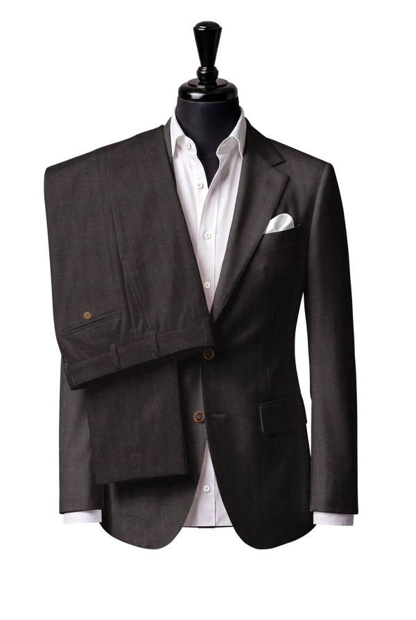 Two-button notch-lapel jacket with straight flap pockets. Trousers with belt loops.