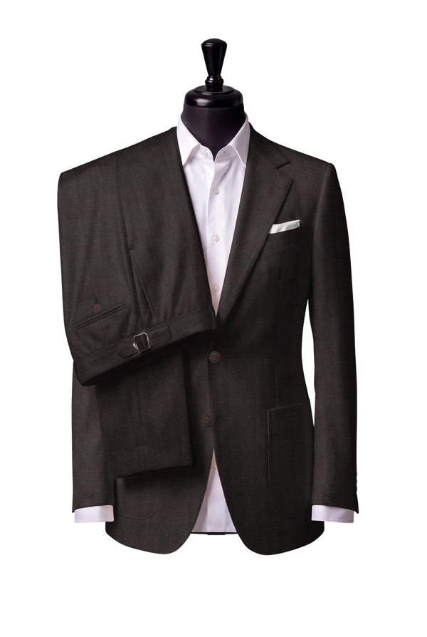 Two-button notch-lapel jacket with patch pockets. Trousers with side adjusters.