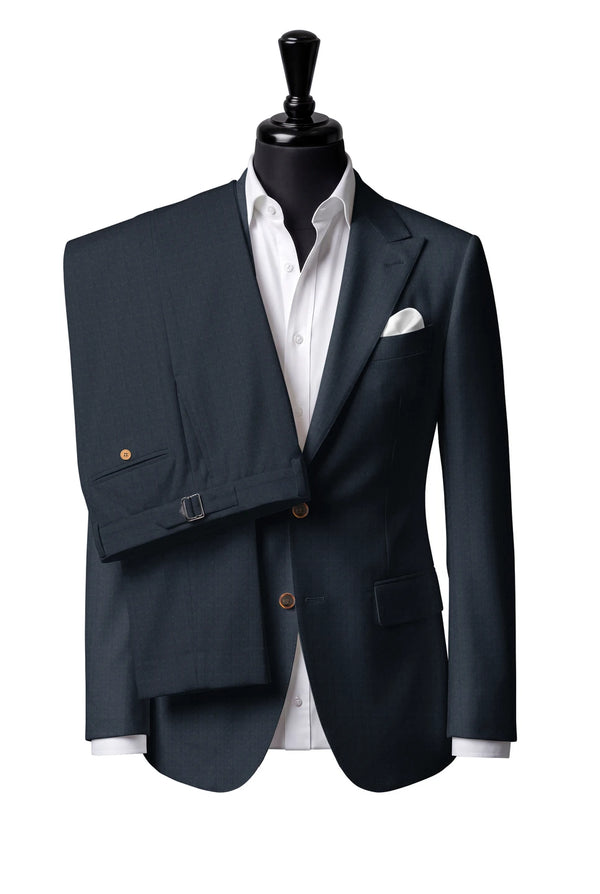 Two-button peak-lapel jacket with straight flap pockets. Trousers with side adjusters.