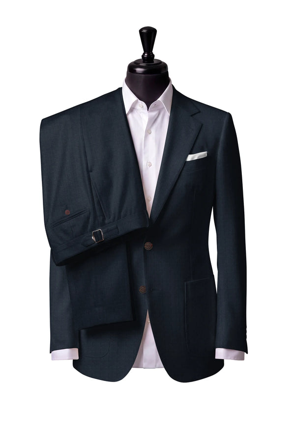 Two-button notch-lapel jacket with patch pockets. Trousers with side adjusters.