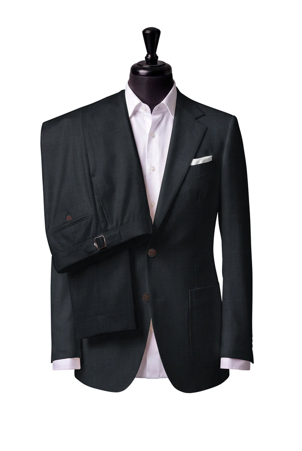 Two-button notch-lapel jacket with patch pockets. Trousers with side adjusters.