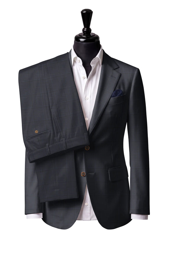 Two-button notch-lapel jacket with straight flap pockets. Trousers with belt loops.