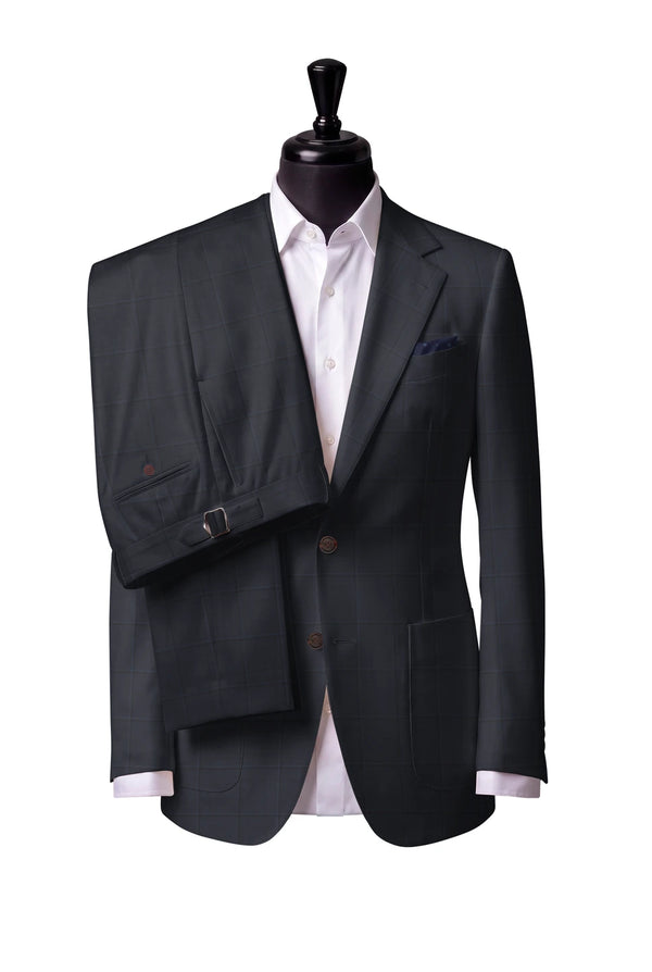 Two-button notch-lapel jacket with patch pockets. Trousers with side adjusters.
