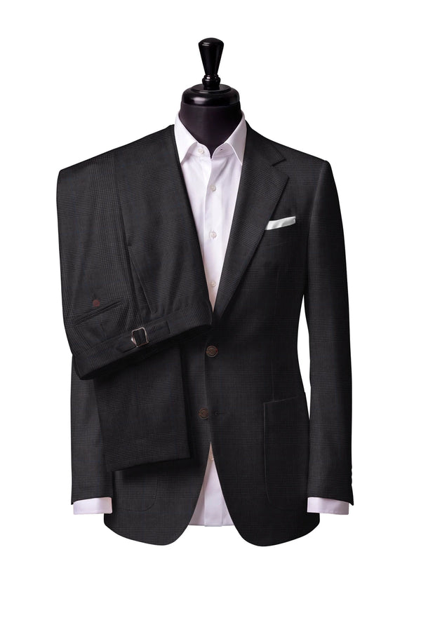 Two-button notch-lapel jacket with patch pockets. Trousers with side adjusters.