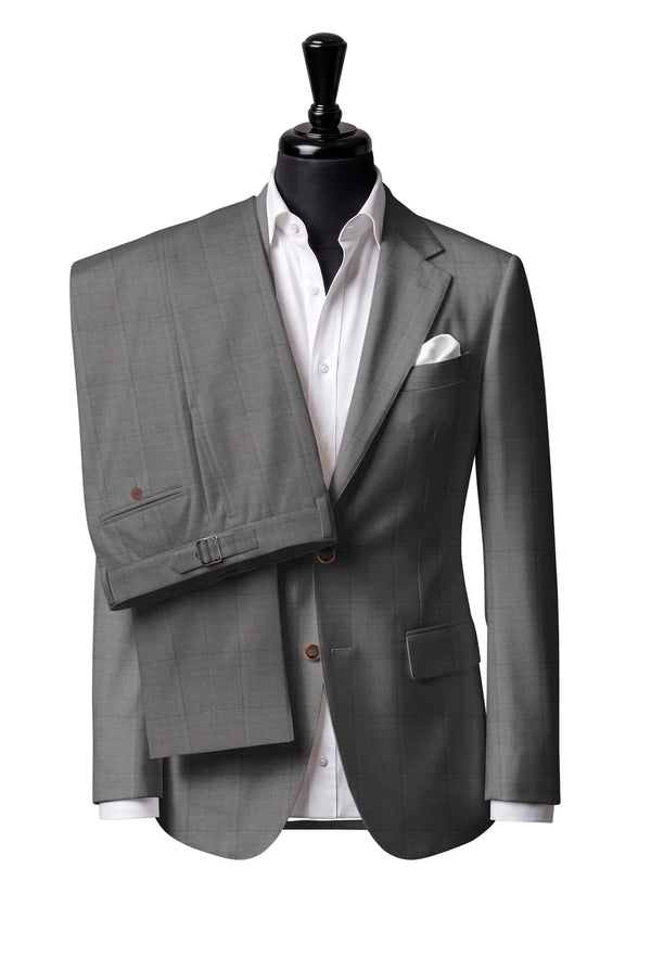 Two-button notch-lapel jacket with straight flap pockets. Trousers with side adjusters.