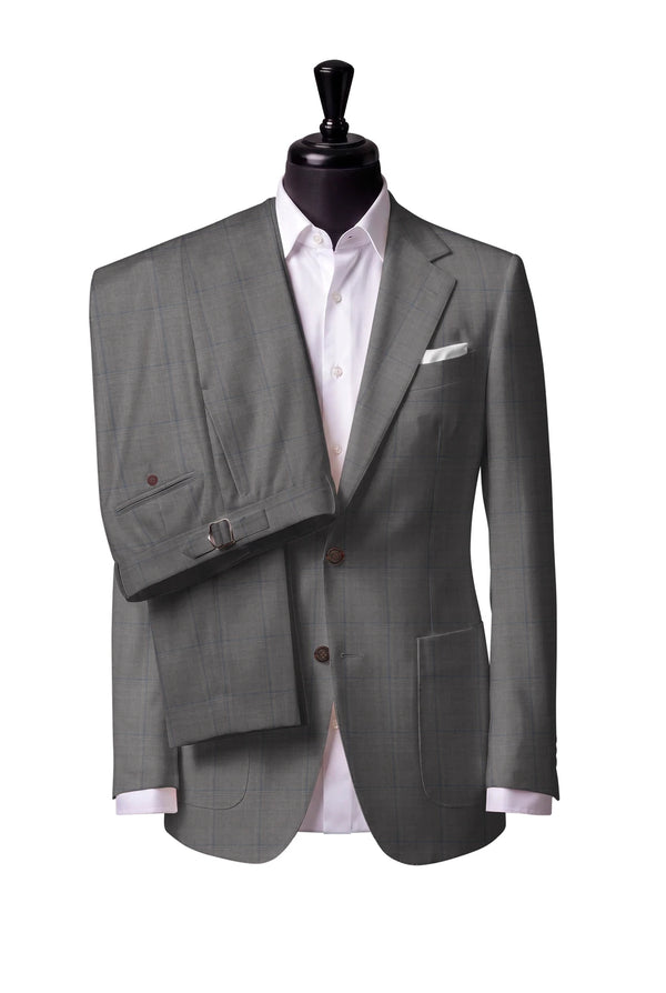 Two-button notch-lapel jacket with patch pockets. Trousers with side adjusters.