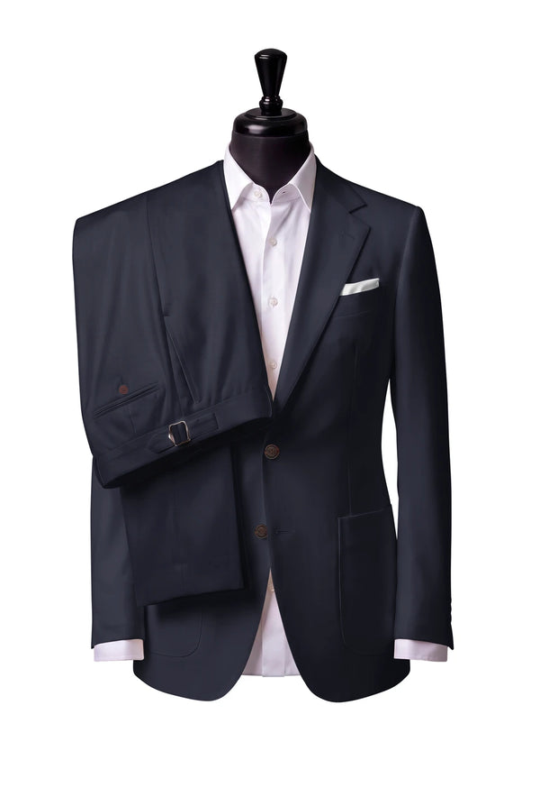 Two-button notch-lapel jacket with patch pockets. Trousers with side adjusters.